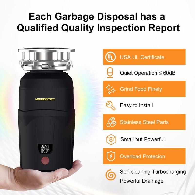 Garbage Disposal 3/4 HP for Kitchen sink Quiet with Power Cord, Easy install, Food Waste Disposer Stainless Steel Grind 0.75 Horsepower (A600) - Image 2