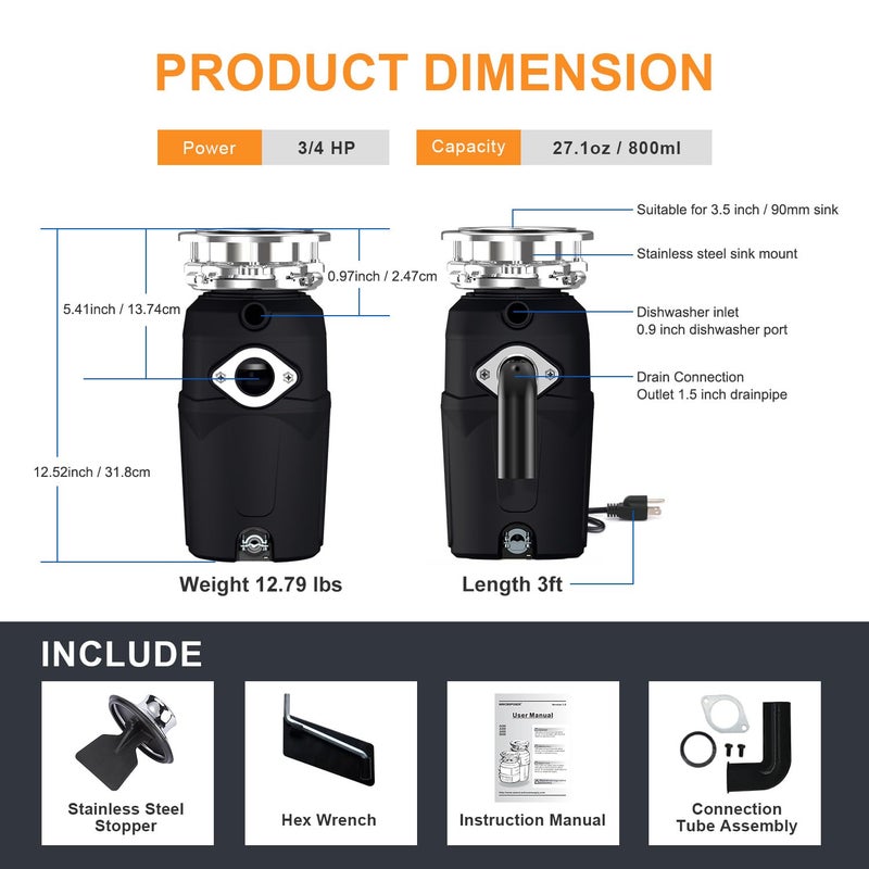 Garbage Disposal 3/4 HP for Kitchen sink Quiet with Power Cord, Easy install, Food Waste Disposer Stainless Steel Grind 0.75 Horsepower (A600) - Image 5