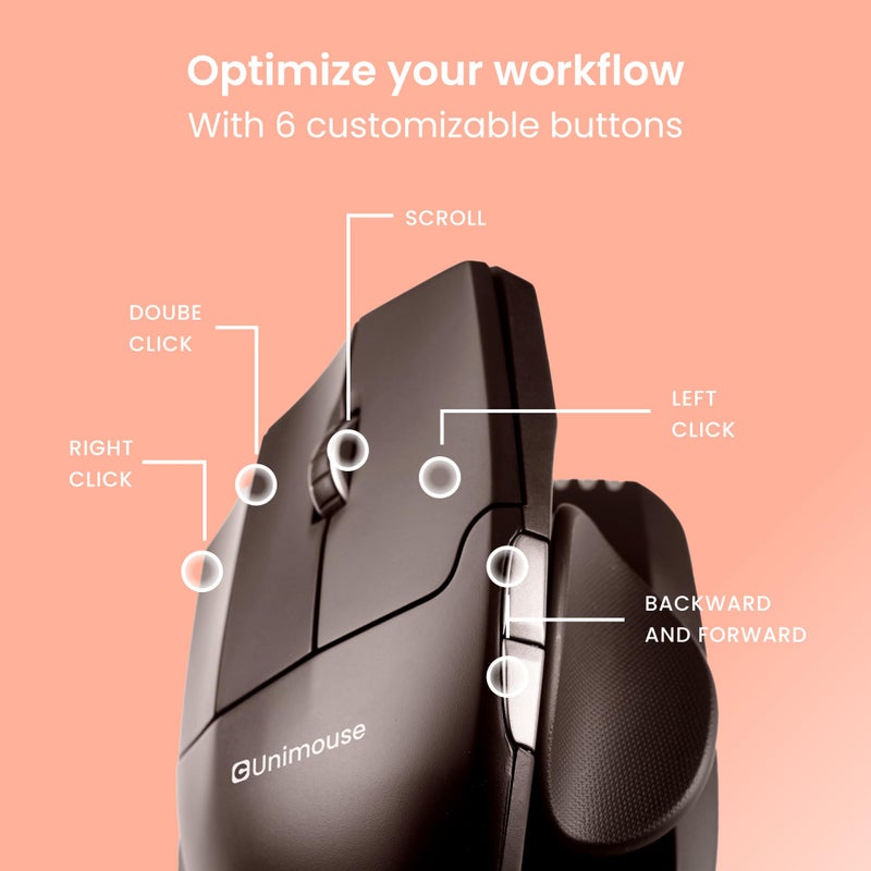 Contour Unimouse Ergonomic Vertical Mouse Adjustable 35Â°-70Â° Tilt Angle, 6 Programmable Buttons for Productivity, Customizable Thumb Rest for Wrist Pain Relief | Plug & Play Mac/PC - Wireless - Left - Image 4