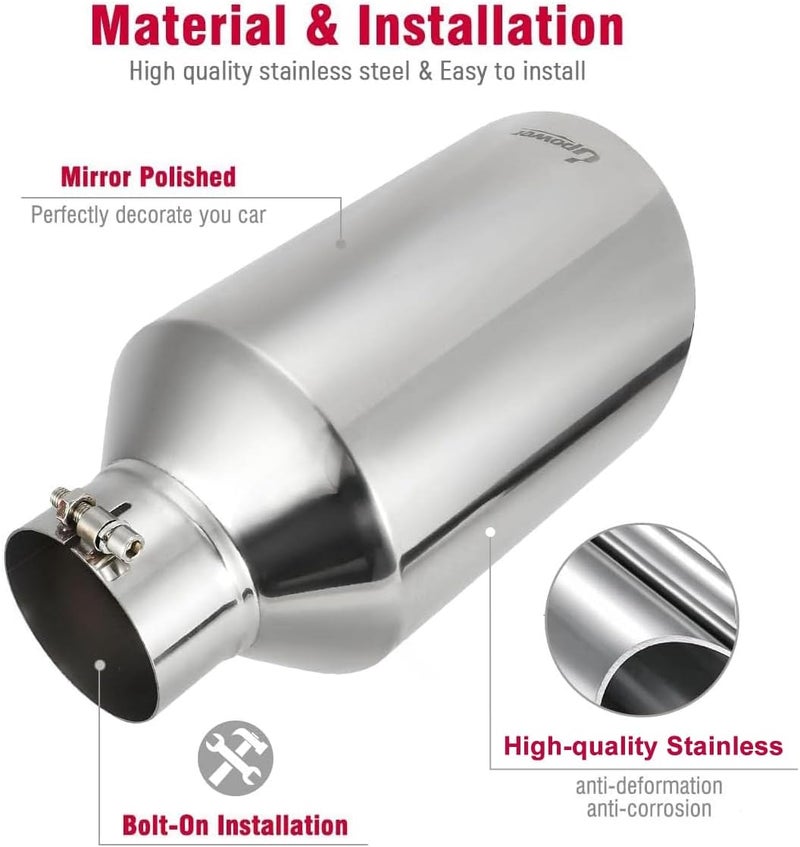 U-Power 4 inch Inlet 8 inch Outlet Exhaust Tip Stainless Steel 4" to 8" Tail Pipe Tips 15" Long Bolt-On 45 Degree Angle Cut Universal for Car Truck - Image 5