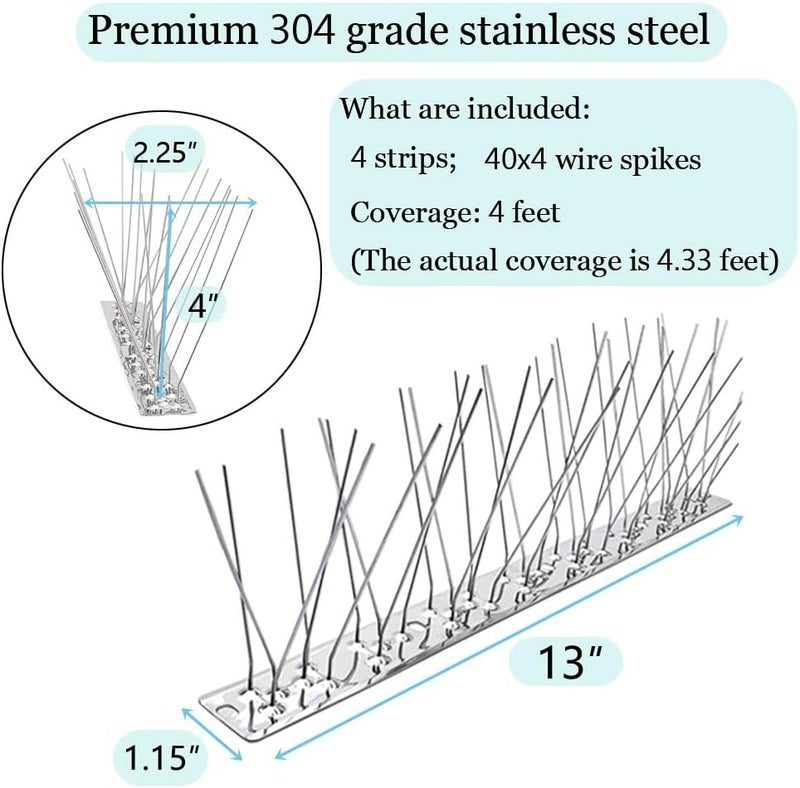 PANGCH Bird Spikes,Stainless Steel Bird Spikes Metal Bird Spikes Fence Spikes Easy to Install - 4 Strips 4.33 Feet Coverage - Image 4
