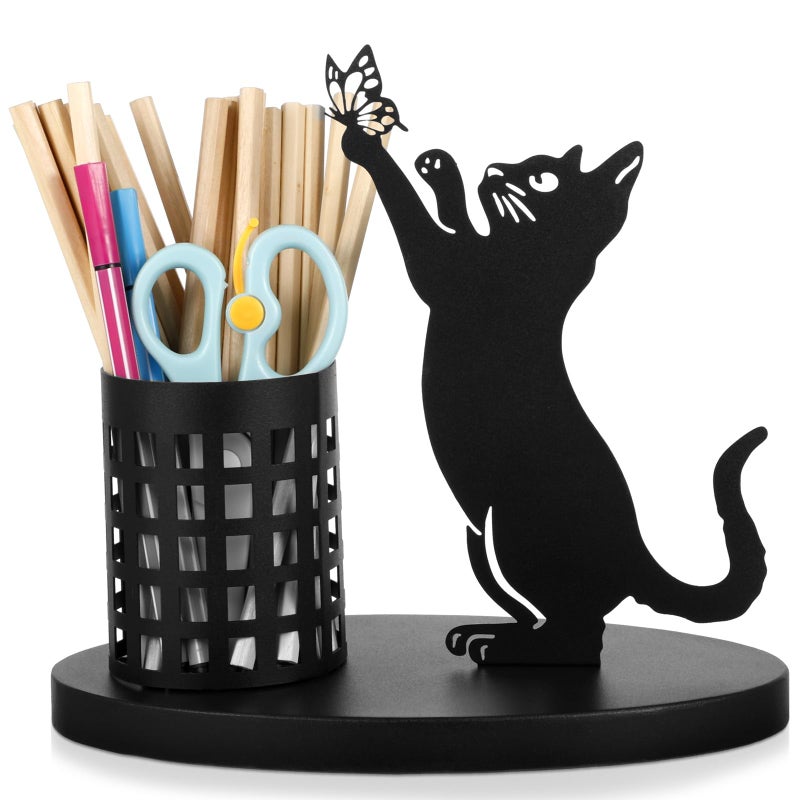 Tandefio Cat Pen Holder for Desk Cute Black Cat Pencil Holder Metal Cat Desk Accessories Desk Organizer Cat Makeup Brush Pen Cups for Office Home Decor Table Centerpiece Cat Lover Gifts Women Girls - Image 1