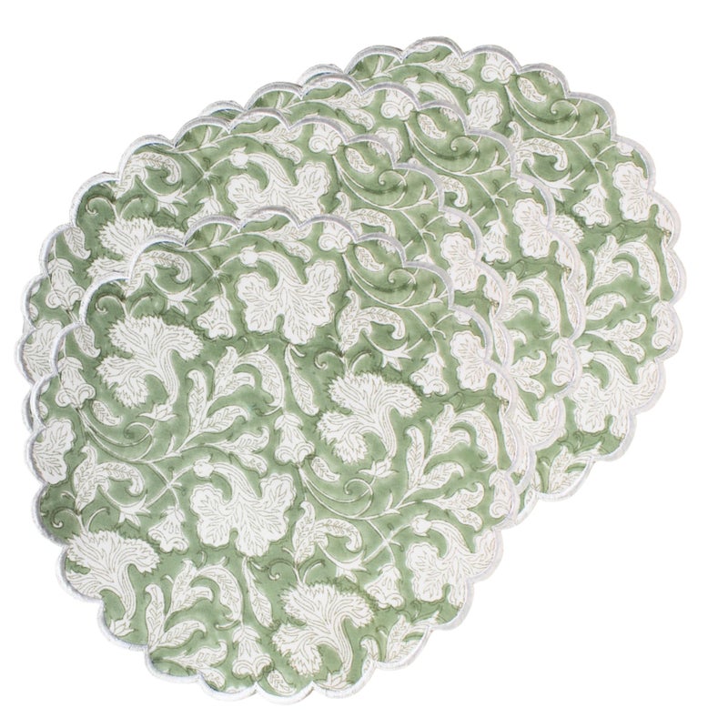 Ridhi Bo-ho Round Place Mat Double Layer Floral Cotton Washable Placemats 15" Round Embroidery Block Print Table Mat (Pack of 4-15 Inch Round, Sage Green) - Image 1