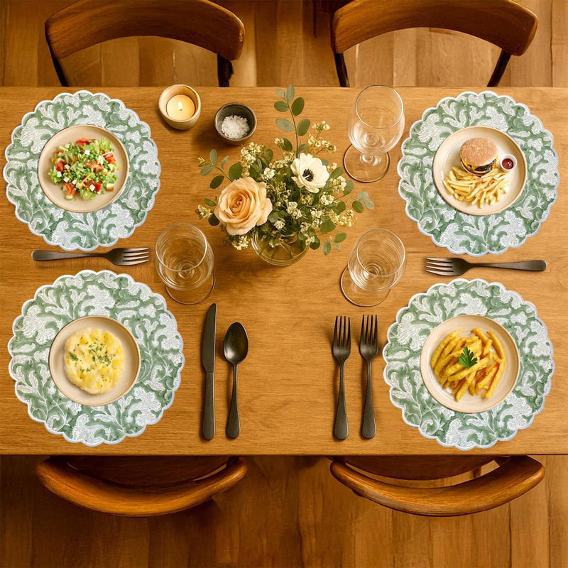 Ridhi Bo-ho Round Place Mat Double Layer Floral Cotton Washable Placemats 15" Round Embroidery Block Print Table Mat (Pack of 4-15 Inch Round, Sage Green) - Image 3