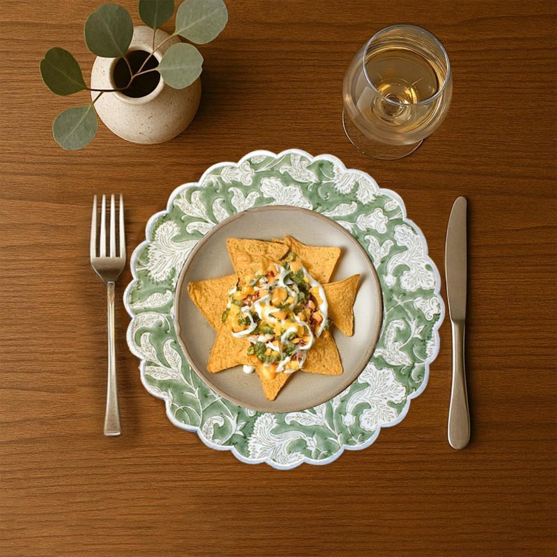 Ridhi Bo-ho Round Place Mat Double Layer Floral Cotton Washable Placemats 15" Round Embroidery Block Print Table Mat (Pack of 4-15 Inch Round, Sage Green) - Image 2