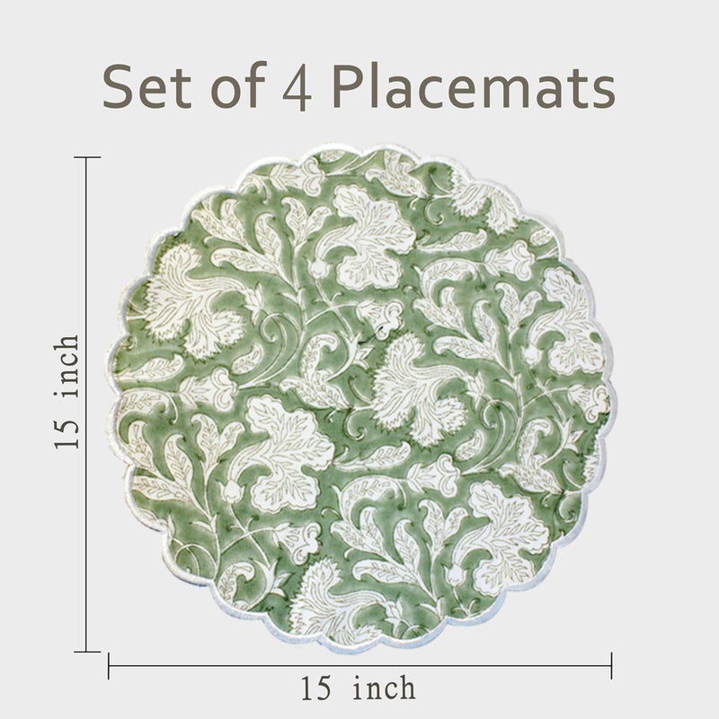 Ridhi Bo-ho Round Place Mat Double Layer Floral Cotton Washable Placemats 15" Round Embroidery Block Print Table Mat (Pack of 4-15 Inch Round, Sage Green) - Image 4