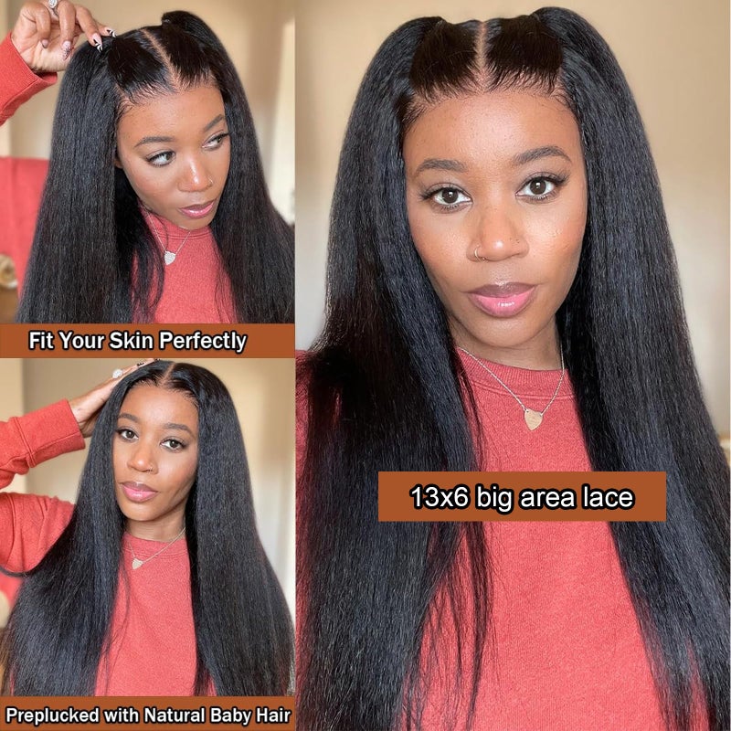 Ladoux 13x6 Lace Front Yaki Straight Wig HD Transparent Yaki Straight Frontal Closure Human Hair Wigs for Women 20Inch 180% Density Glueless Wig Pre Plucked With Baby Hair - Image 4