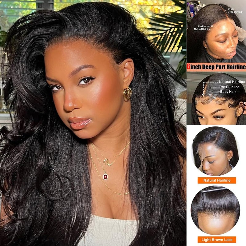 Ladoux 13x6 Lace Front Yaki Straight Wig HD Transparent Yaki Straight Frontal Closure Human Hair Wigs for Women 20Inch 180% Density Glueless Wig Pre Plucked With Baby Hair - Image 5