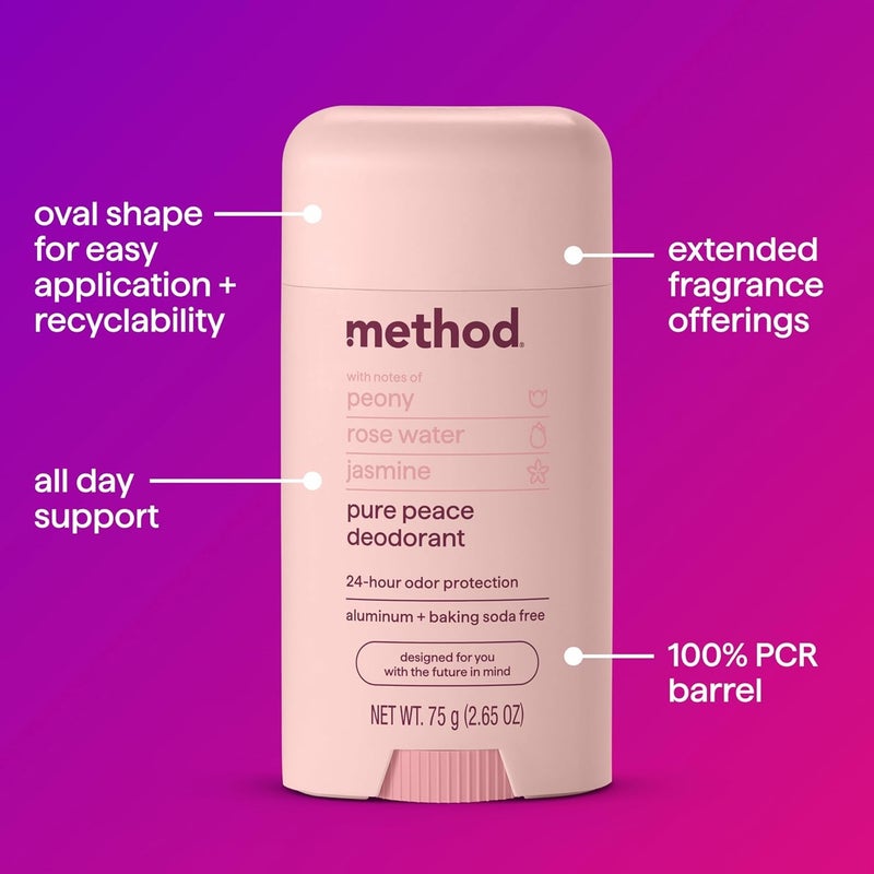 Method Deodorant, Pure Peace, Rose Water, Peonies + Pink Sea Salt notes, 24 Hour Odor Protection, 2.65 oz - Image 3