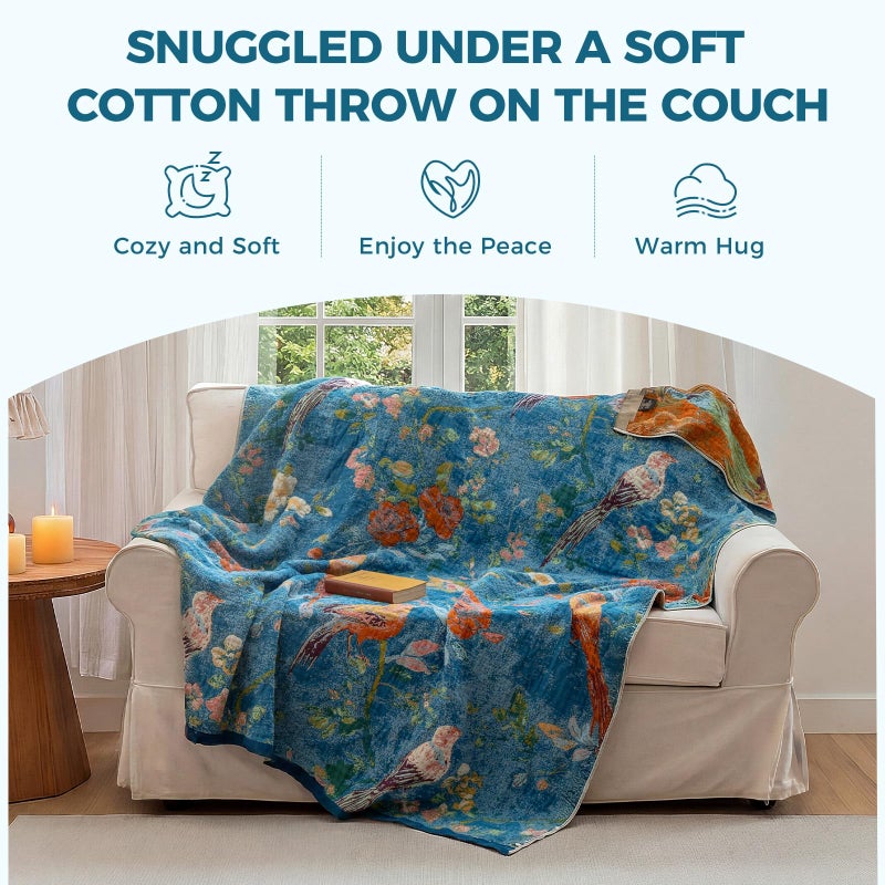 LUTBM Boho Throw Blanket for Couch Sofa Chair Cotton Spring Blankets for Bedroom Living Room All Season Lightweight Reversible Floral Birds Embroidery Throws 50"x60" - Image 4