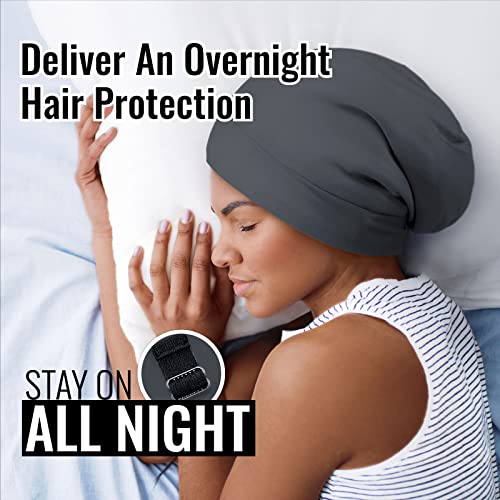 PARISBELLA Satin Lined Sleep Cap Bonnet for Curly Hair and Braids, Stay On All Night Hair Wrap with Adjustable Strap for Women and Men, Black Grey, Pack of 1 - Image 5