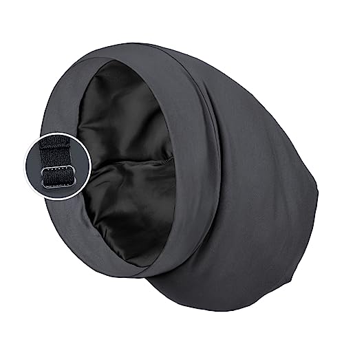 PARISBELLA Satin Lined Sleep Cap Bonnet for Curly Hair and Braids, Stay On All Night Hair Wrap with Adjustable Strap for Women and Men, Black Grey, Pack of 1 - Image 1