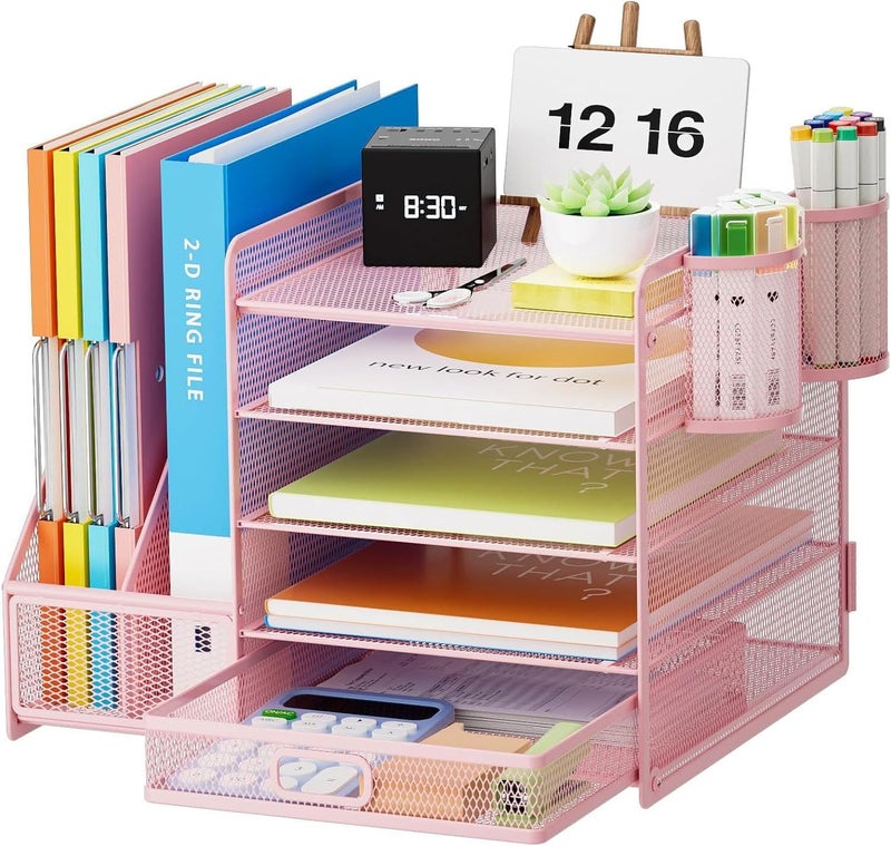 Marbrasse Desk Organiser with File Holder, 5 Tier Paper Letter Tray with Drawer and 2 Pen Holders, Desk Mesh Storage Compartments Organiser with for Office Needs Document Tray (Pink) - Image 1