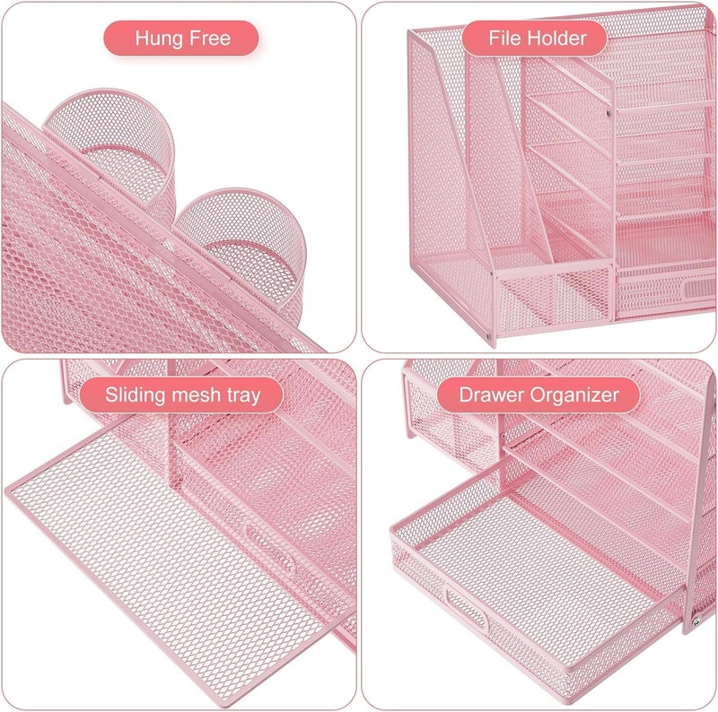 Marbrasse Desk Organiser with File Holder, 5 Tier Paper Letter Tray with Drawer and 2 Pen Holders, Desk Mesh Storage Compartments Organiser with for Office Needs Document Tray (Pink) - Image 4