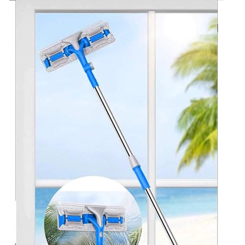 REDMART 2-in-1 Telescopic Window Cleaner Tool (Adjustable Handle) - Double Sided Glass Wiper Squeegee & Microfiber Scrubber for High Rise Windows & Car Windshield - Image 1