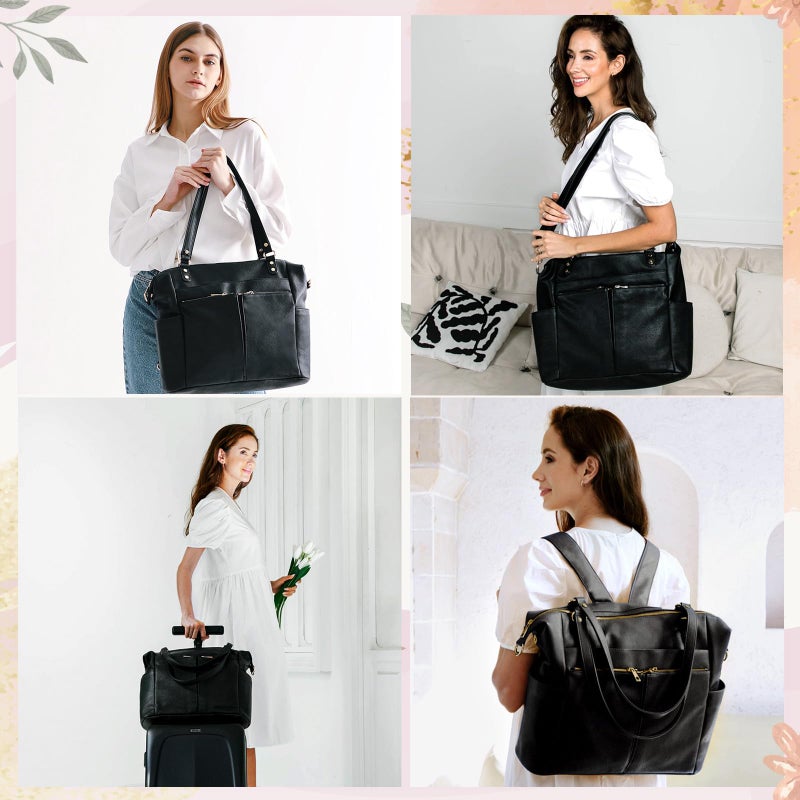 MOMINSIDE حقيبة حفاضات MOMINSIDE، حقيبة ظهر جلدية مع 14 جيب، حقيبة أطفال قابلة للتحويل للأولاد والبنات، سجل هدايا الأطفال، وسادة تغيير، 4 جيوب معزولة كبيرة (أسود) - Image 2