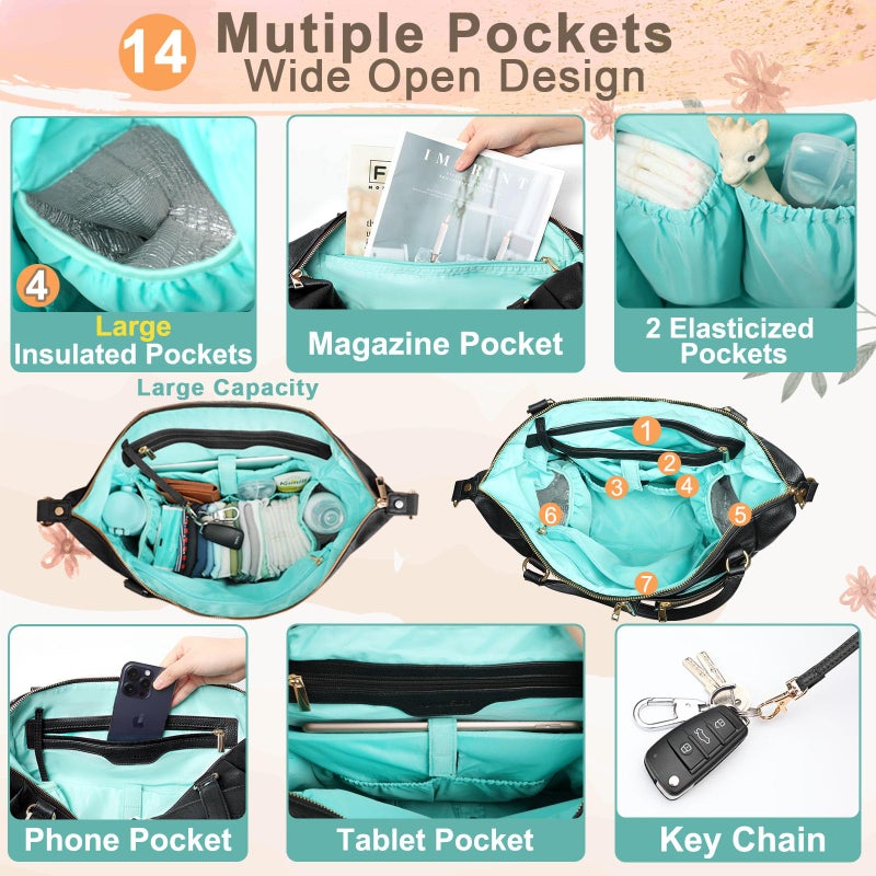 MOMINSIDE حقيبة حفاضات MOMINSIDE، حقيبة ظهر جلدية مع 14 جيب، حقيبة أطفال قابلة للتحويل للأولاد والبنات، سجل هدايا الأطفال، وسادة تغيير، 4 جيوب معزولة كبيرة (أسود) - Image 3