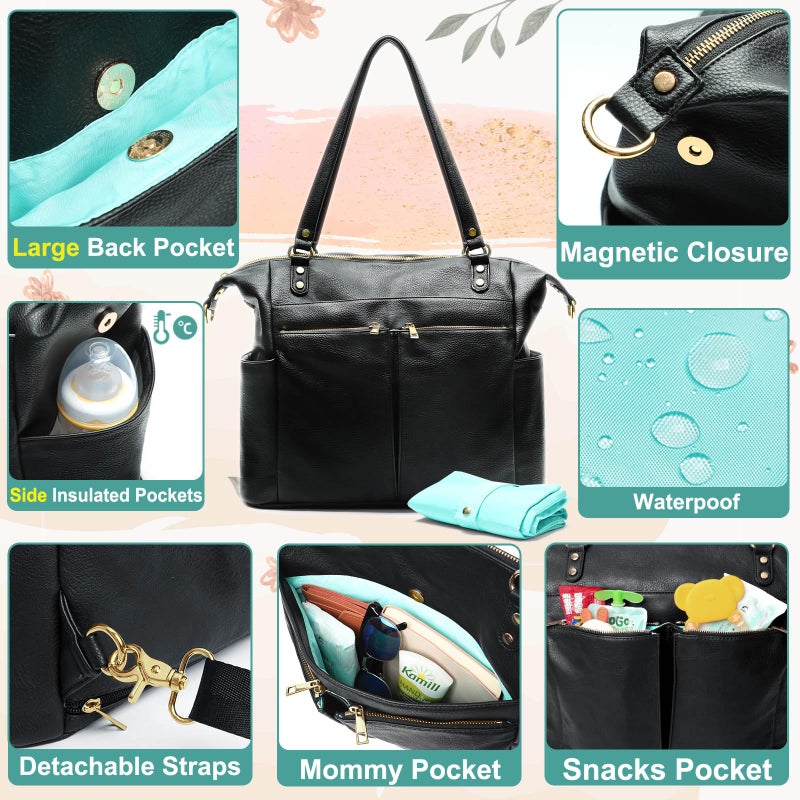 MOMINSIDE حقيبة حفاضات MOMINSIDE، حقيبة ظهر جلدية مع 14 جيب، حقيبة أطفال قابلة للتحويل للأولاد والبنات، سجل هدايا الأطفال، وسادة تغيير، 4 جيوب معزولة كبيرة (أسود) - Image 4