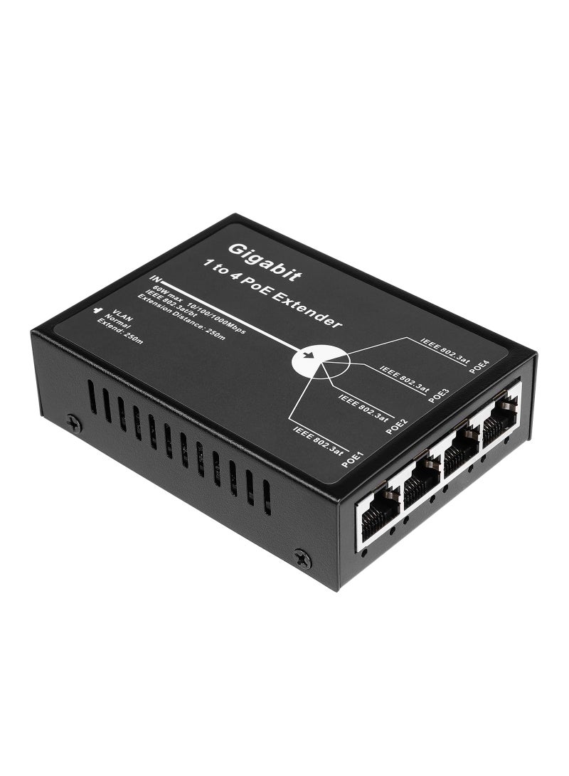 Gigabit 4 Port PoE Extender for High-Speed Networks, 10/100/1000Mbps  1 in 4 out PoE+ Repeater with 3 Mode Available, 802.3BT Input, 802.3at Output 30W, 100m/250m PoE Extension for PoE Device - Image 1