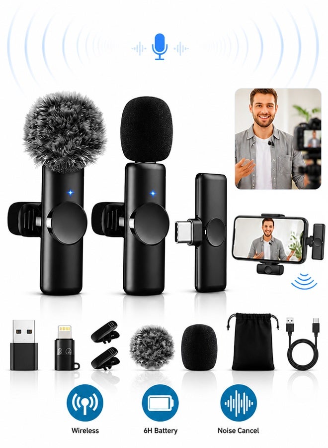 GD Plug-Play Wireless Lavalier Microphone - Noise Reduction Mini Microphone with 2 USB-C, Clip on Microphone for iPhone 15 iPad Android Phone PC and Laptop Video Recording Interview Vlogging Auto Sync and Noise Reduction - Image 1