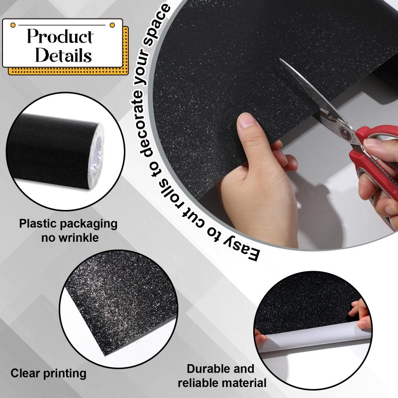 gisgfim Glitter Bulletin Board Roll Sparkle Bulletin Board Background Glitter Poster Paper Gift Wrapping DIY Art Crafts Non Fading Wallpaper for Home Office Classroom Decoration 16" x20ft, Black - Image 3