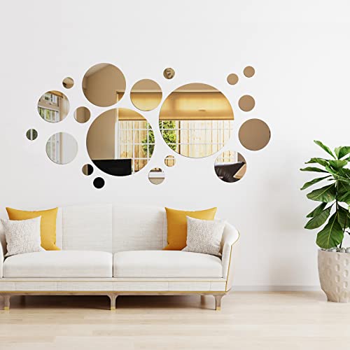 Shappy 32 Pcs Acrylic Mirror Wall Stickers Removable Round Wall Decal Circle Mirror Tiles for Home Bathroom Living Room Bedroom TV Background DecorSilverLarge Size