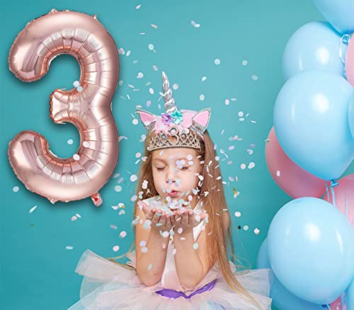 Awfrky 3rd Birthday Decorations for Girls, Including 3 year old Birthday Cake Topper, Queen Sash with Pearl Pin, Sweet Rhinestone Tiara Crown, Number Candles and Balloons Set, Rose Gold - Image 5