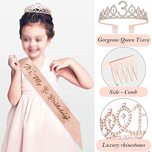 Awfrky 3rd Birthday Decorations for Girls, Including 3 year old Birthday Cake Topper, Queen Sash with Pearl Pin, Sweet Rhinestone Tiara Crown, Number Candles and Balloons Set, Rose Gold - Image 3
