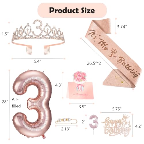 Awfrky 3rd Birthday Decorations for Girls, Including 3 year old Birthday Cake Topper, Queen Sash with Pearl Pin, Sweet Rhinestone Tiara Crown, Number Candles and Balloons Set, Rose Gold - Image 2