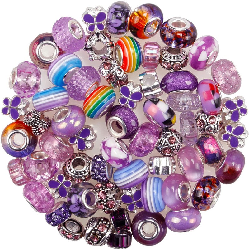 AIPRIDY 60 Pieces Assorted European Beads with Copper Core Big Hole Resin Spacer No Copper Core Lampwork Colorful Beads Rhinestone Craft Beads for DIY Charm Bracelet Jewelry Making (Violet and Purple) - Image 1
