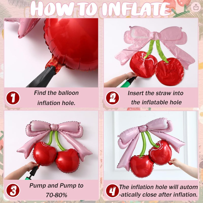 Tesochye 4 Pcs Pink Bow Red Cherry Balloons for She's The Cherry On Top Party,Berry First Birthday Decorations,Girl Women Summer Fruit Cherry Theme Baby Shower Bridal Wedding Decor Christmas Party Supplies - Image 3
