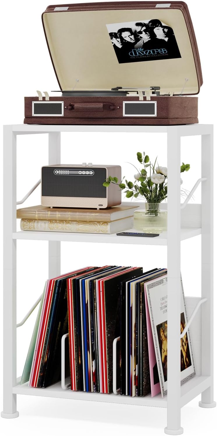 Hosfais - 3 Tier Record Player Stand, Retro Vinyl Record Storage Rack for Living Room and Bedroom (White) - Image 1