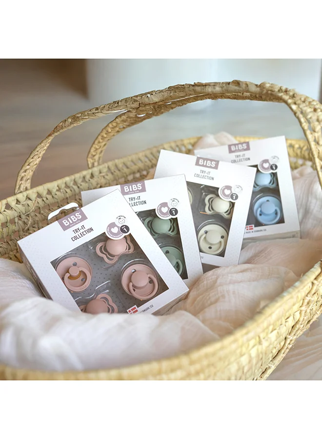 BIBS Baby Try-It Box Collection, Baby Pacifiers, Mouth Skin Sensitive, Soft, Flexible, For Babies Aged Upto 6 Months, BPA Free, Pack of 4 Pacifiers, Size 1, Ivory Color