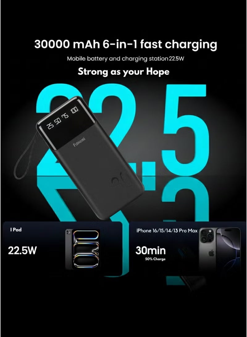 Fonemi 30000mAh Power Bank 22.5W Fast Charging | Built-In 4 Cables (Type-C, Lightning, Micro USB & USB) with Handle, Dual Input & Multi-Device Output | LED Display & Smart Protection – Black - Image 2