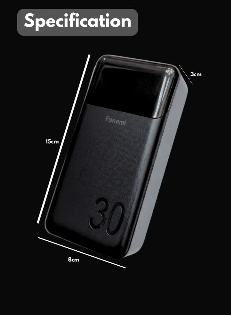 Fonemi 30000mAh Power Bank 22.5W Fast Charging | Built-In 4 Cables (Type-C, Lightning, Micro USB & USB) with Handle, Dual Input & Multi-Device Output | LED Display & Smart Protection – Black - Image 5
