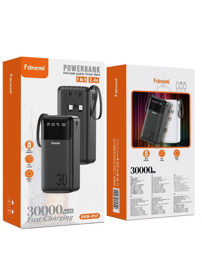 Fonemi 30000mAh Power Bank 22.5W Fast Charging | Built-In 4 Cables (Type-C, Lightning, Micro USB & USB) with Handle, Dual Input & Multi-Device Output | LED Display & Smart Protection – Black - Image 3
