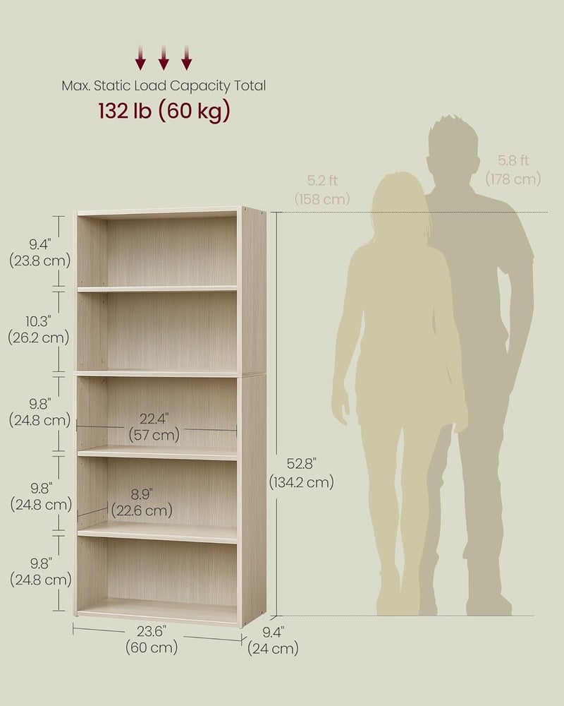 VASAGLE Custos Collection - Bookshelf, 5-Tier Bookcase, Book Shelf, Open Storage Shelf, 9.4 x 23.6 x 52.8 Inches, for Living Room, Home Office, Dinning Room, Natural Beige - Image 2