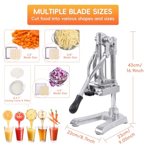 BotaBay 2-in-1 Commercial Juicer & Vegetable Chopper – Heavy Duty Cast Iron Manual Citrus Press with Stainless Steel Food Dicer, French Fry Cutter, 1/2" 3/8" 1/4" Blades for Potatoes - Image 3