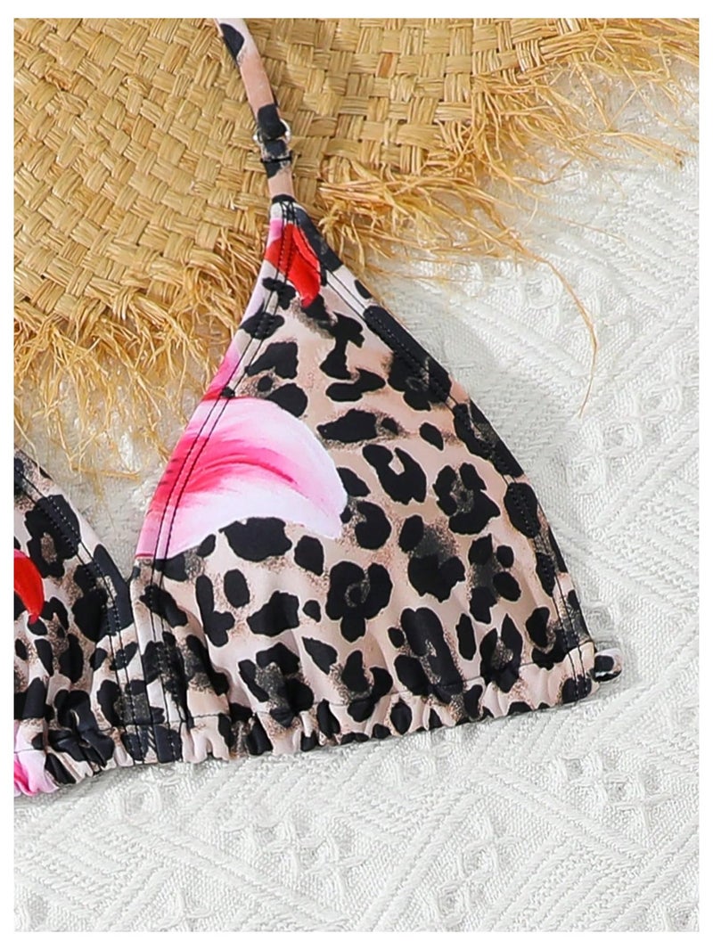 BEAUDRM Girl's 3 Piece Leopard Bikini Set Floral Cheetah Halter Triangle Swimsuit with Beach Cover Up Skirt Brown 12Y - Image 4