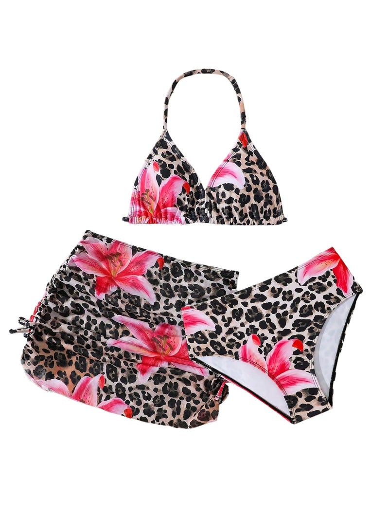 BEAUDRM Girl's 3 Piece Leopard Bikini Set Floral Cheetah Halter Triangle Swimsuit with Beach Cover Up Skirt Brown 12Y - Image 1