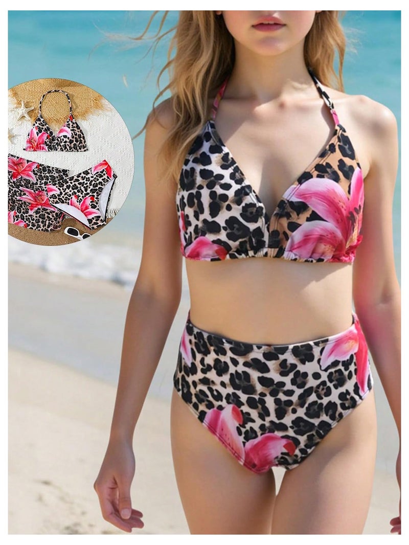 BEAUDRM Girl's 3 Piece Leopard Bikini Set Floral Cheetah Halter Triangle Swimsuit with Beach Cover Up Skirt Brown 12Y - Image 2