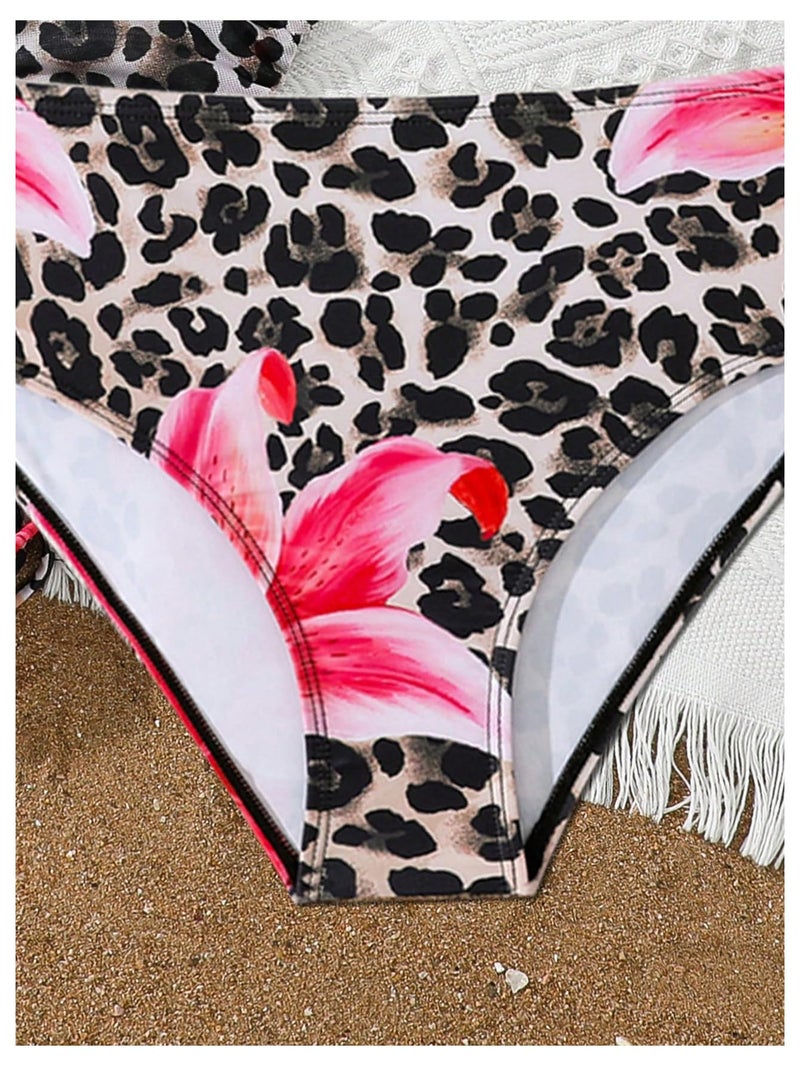 BEAUDRM Girl's 3 Piece Leopard Bikini Set Floral Cheetah Halter Triangle Swimsuit with Beach Cover Up Skirt Brown 12Y - Image 5