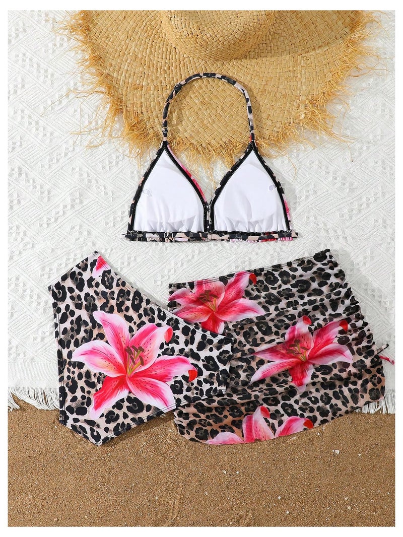 BEAUDRM Girl's 3 Piece Leopard Bikini Set Floral Cheetah Halter Triangle Swimsuit with Beach Cover Up Skirt Brown 12Y - Image 3