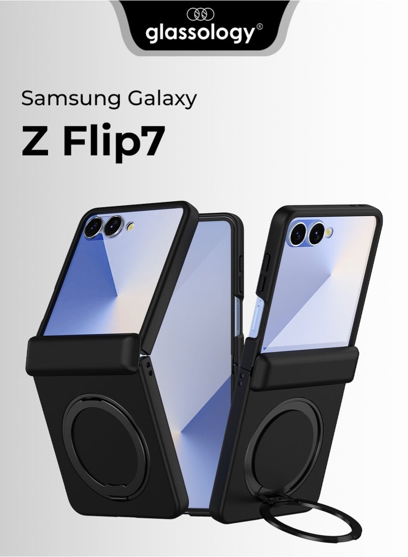 Glassology Magnetic Black Clear Case for Samsung Galaxy Z Flip7, 360° Rotating Ring Stand, Shockproof, Car Mount Compatible - Image 1