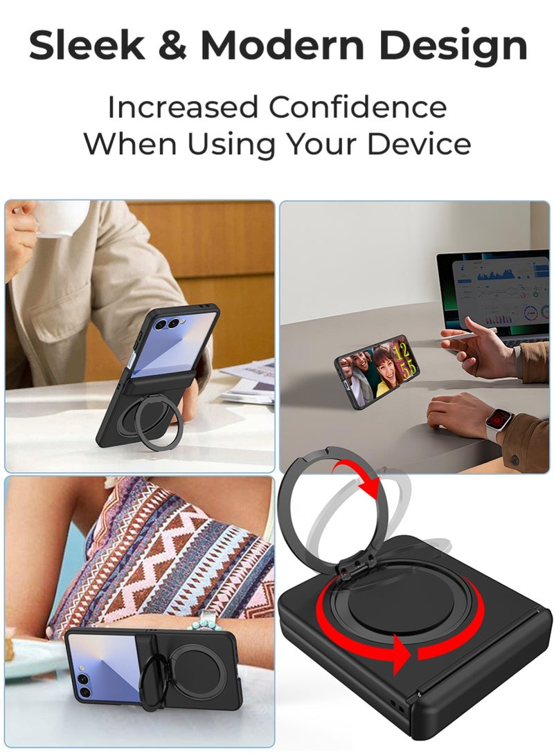 Glassology Magnetic Black Clear Case for Samsung Galaxy Z Flip7, 360° Rotating Ring Stand, Shockproof, Car Mount Compatible - Image 4