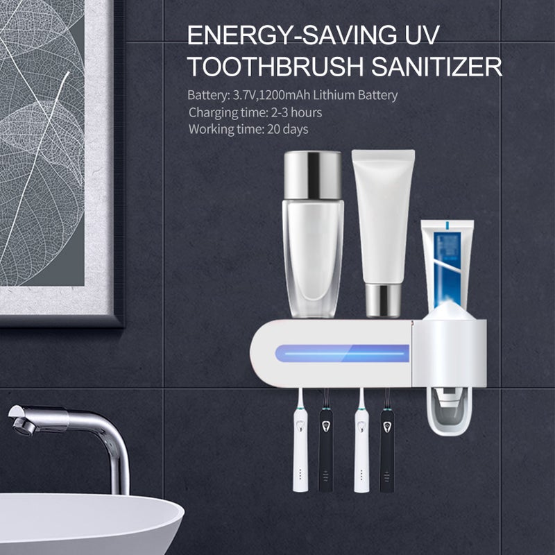 UV Toothbrush Holder: Wall Mounted White Rack - 270nm Auto Sterilization Hands-free Dispenser with 4 Slots USB Rechargeable 1200mA Lithium Battery for Bathroom Countertop & Wall Space Saving Hygienic - Image 5
