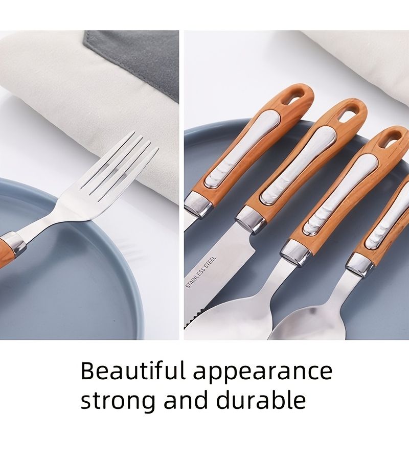 4 Pcs Stainless Steel Cutlery Set Steak Knife Soup Fork Teaspoon Faux Wood Grain Handle Silverware Western Tableware For Parties Weddings Festivals Restaurants Hotels Home Kitchens - Image 4