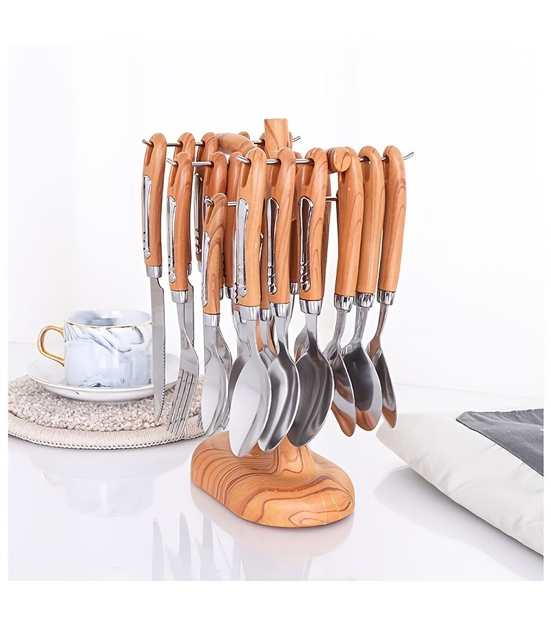 4 Pcs Stainless Steel Cutlery Set Steak Knife Soup Fork Teaspoon Faux Wood Grain Handle Silverware Western Tableware For Parties Weddings Festivals Restaurants Hotels Home Kitchens - Image 2
