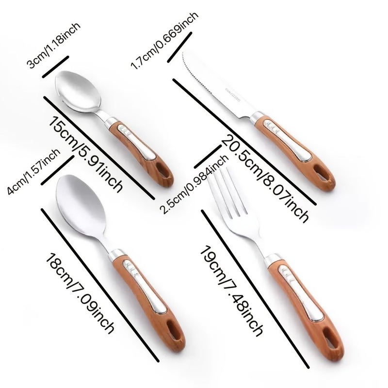 4 Pcs Stainless Steel Cutlery Set Steak Knife Soup Fork Teaspoon Faux Wood Grain Handle Silverware Western Tableware For Parties Weddings Festivals Restaurants Hotels Home Kitchens - Image 3
