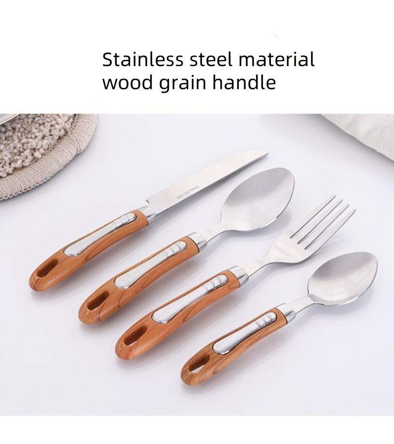 4 Pcs Stainless Steel Cutlery Set Steak Knife Soup Fork Teaspoon Faux Wood Grain Handle Silverware Western Tableware For Parties Weddings Festivals Restaurants Hotels Home Kitchens - Image 1